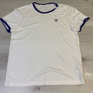 Guess White/Navy Ringer Retro Embroidered Logo T-Shirt, size L